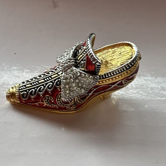 Enameled Set 2 Crystal Bejeweled Cloisonné High Heel Hinged Red Blue Trinket Box - Picture 12 of 14